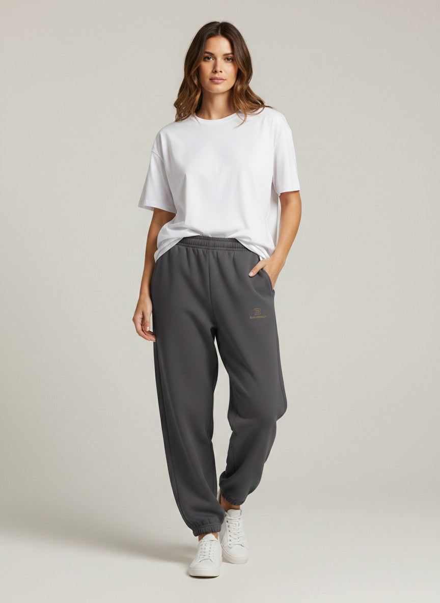 BeachBodyz® dark grey fluffy oversized jogging pants with elastic waistband and cuffs, featuring a small embroidered logo.