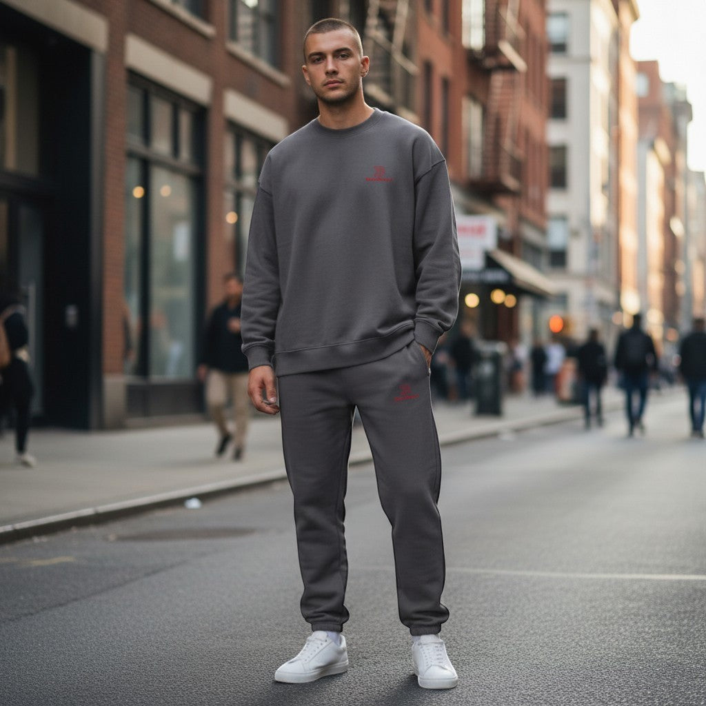 BeachBodyz® dark grey fluffy cotton blend jogging pants with elastic waistband and red logo.