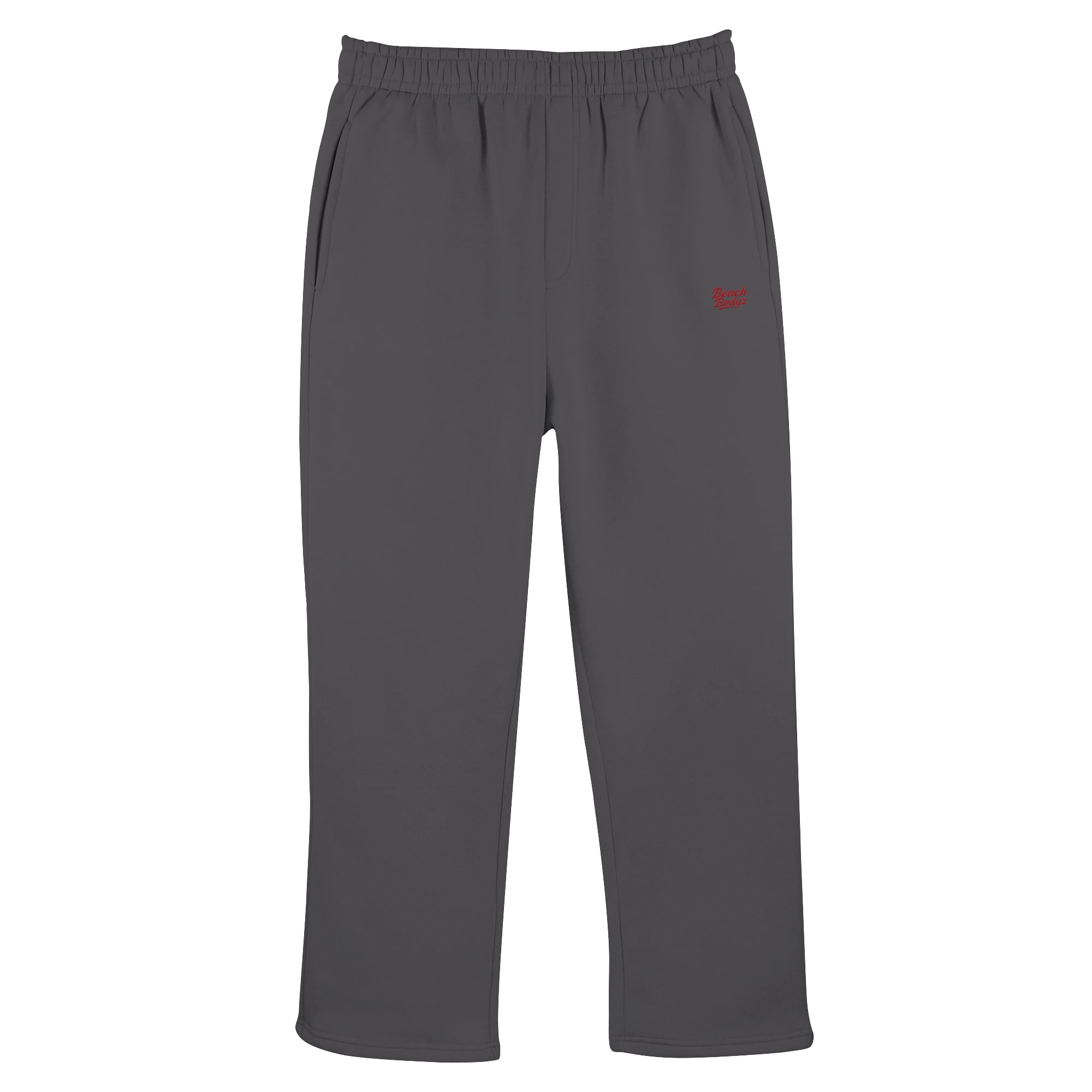 BeachBodyz® dark grey cotton-blend jogging pants with red logo embroidery and elastic waistband.