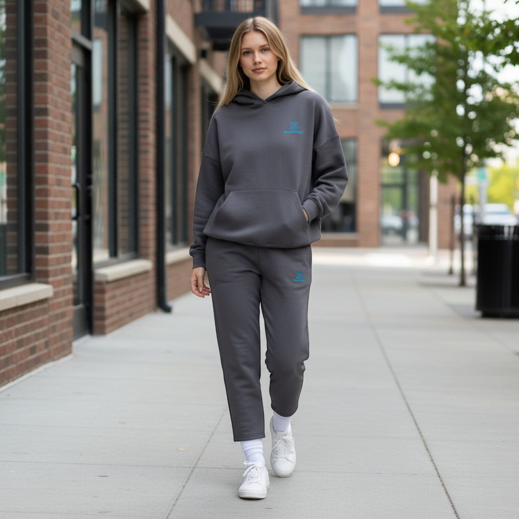 BeachBodyz® dark grey cotton blend jogging pants with elastic waistband and side pockets.