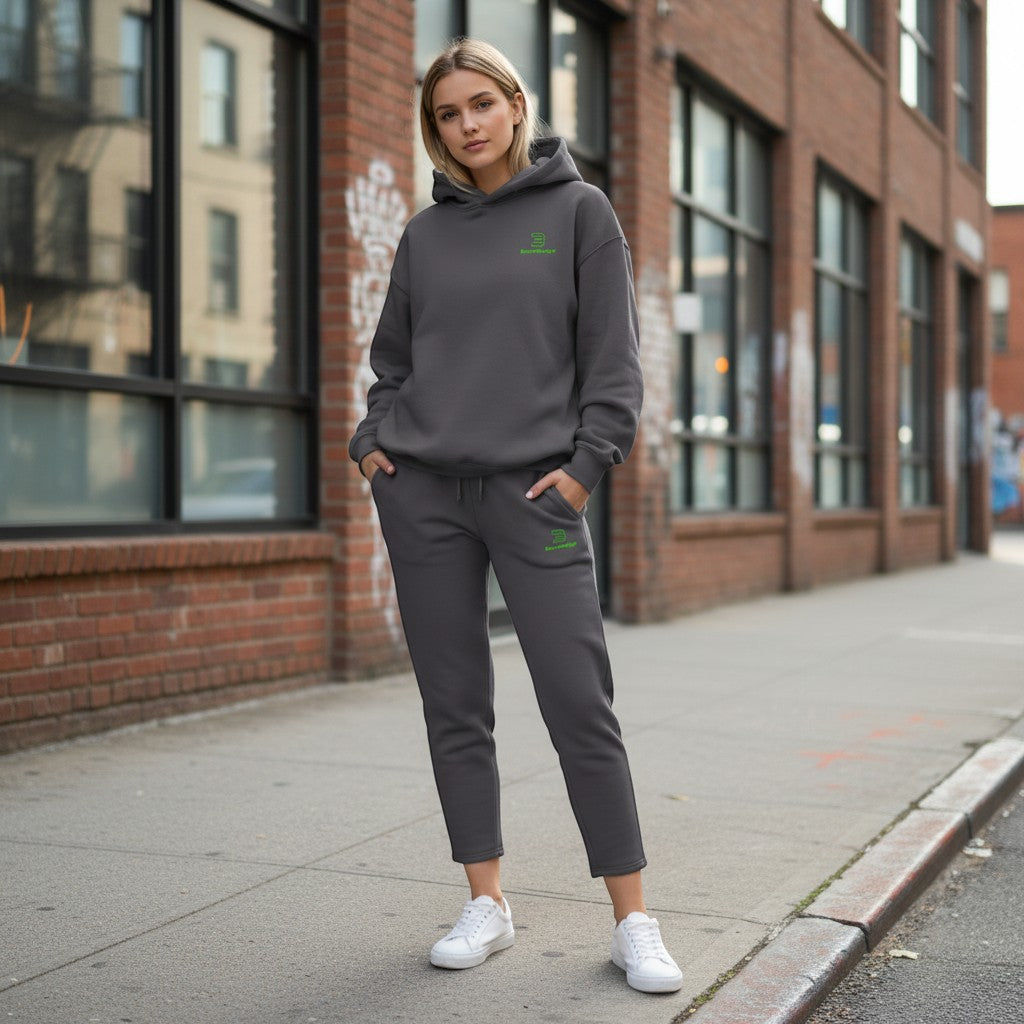 BeachBodyz® dark grey cotton blend jogging pants with elastic waistband and green logo.