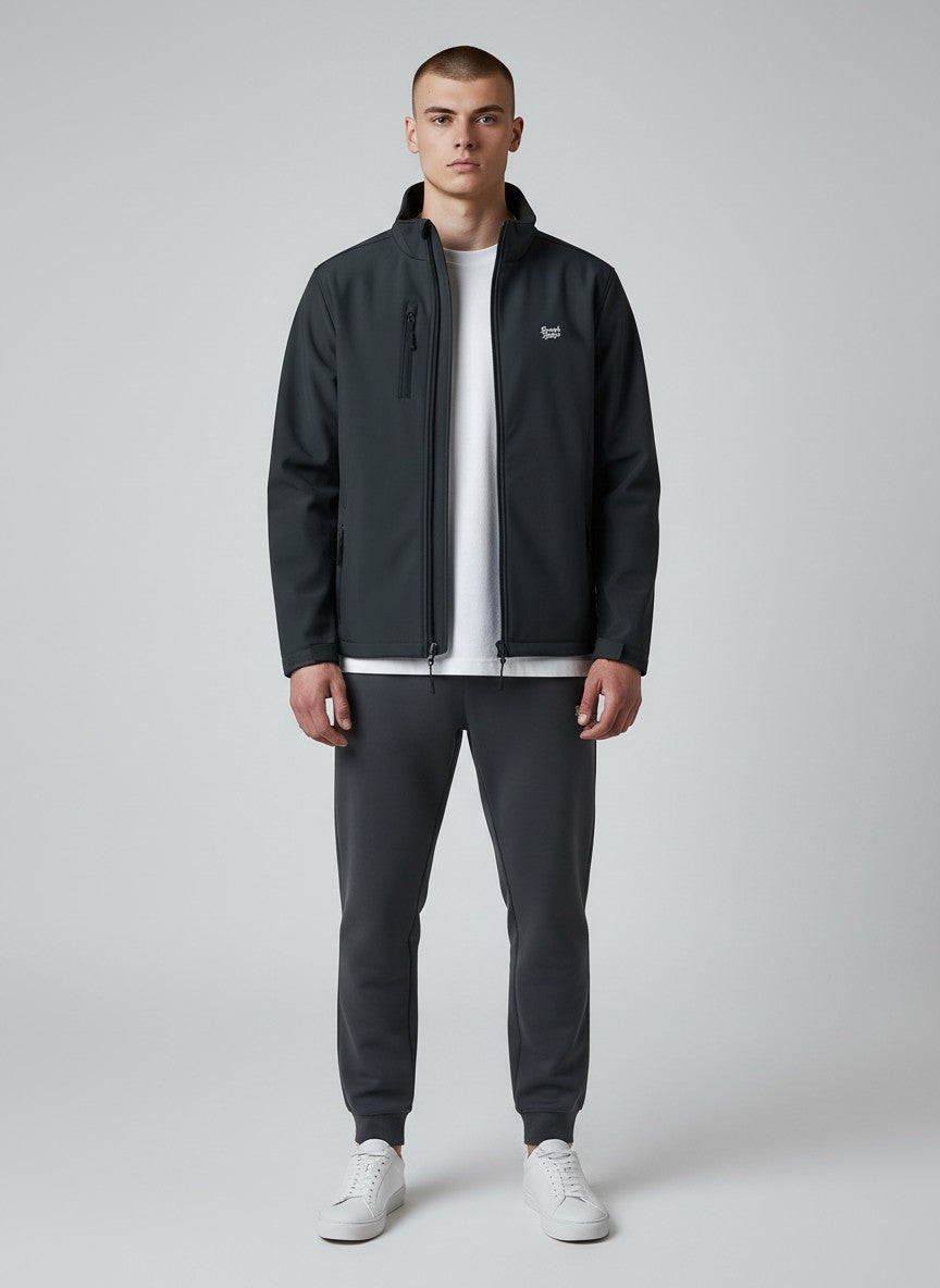 BeachBodyz® dark grey softshell jacket for men and women with zip pockets and embroidered logo.