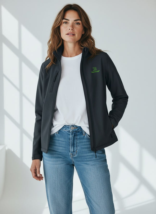 BeachBodyz® dark grey softshell jacket for men and women with zippered pockets and green logo.