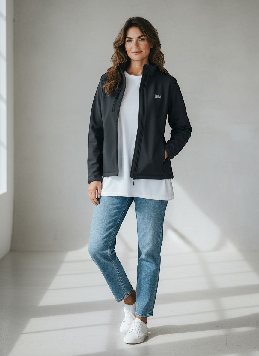 BeachBodyz® dark grey softshell jacket for men and women, wind and water-repellent with zip pockets and embroidered logo.