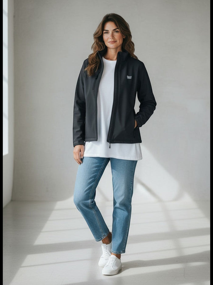BeachBodyz® dark grey softshell jacket for men and women, wind and water-repellent with zip pockets and embroidered logo.