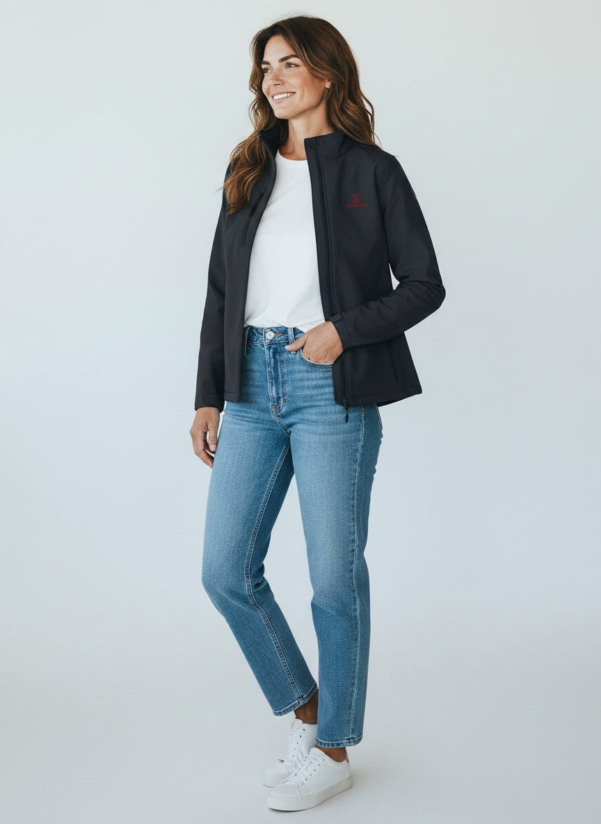 BeachBodyz® dark grey softshell jacket for men and women with red logo. Water-resistant and breathable.