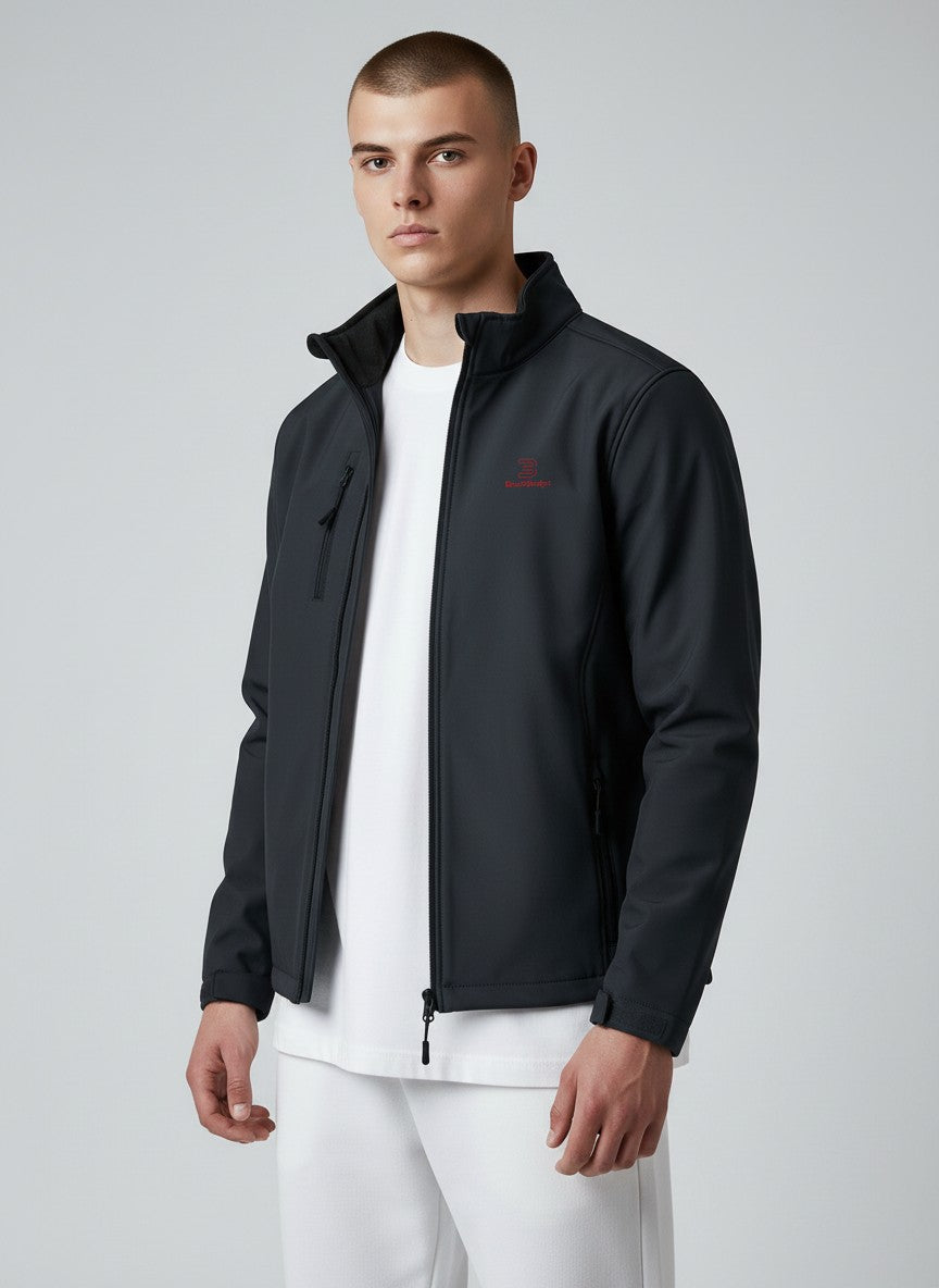 BeachBodyz® dark grey softshell jacket for men and women with red logo. Water-resistant and breathable.