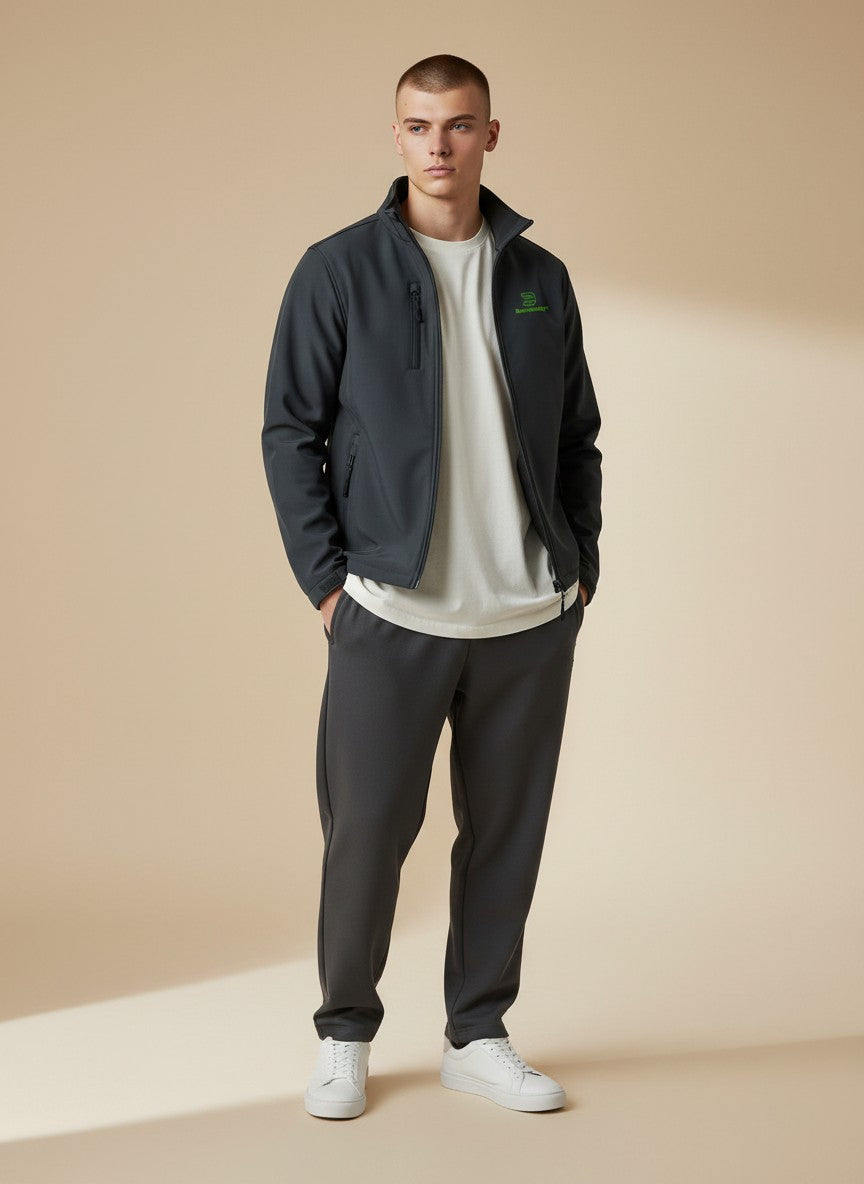 BeachBodyz® dark grey softshell jacket for men and women with zippered pockets and green logo.