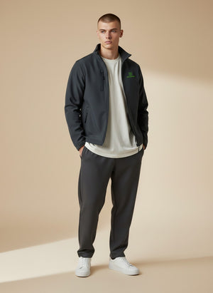 BeachBodyz® dark grey softshell jacket for men and women with zippered pockets and green logo.