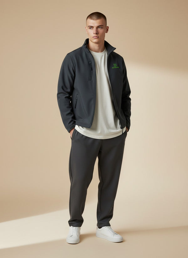 BeachBodyz® dark grey softshell jacket for men and women with zippered pockets and green logo.
