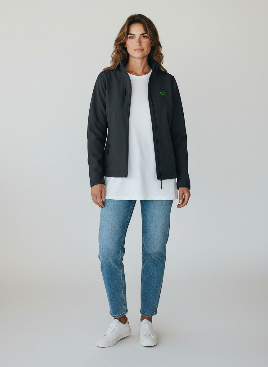 BeachBodyz® dark grey softshell jacket for men and women with zip pockets and green logo.