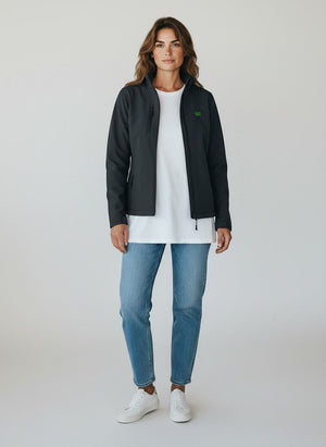 BeachBodyz® dark grey softshell jacket for men and women with zip pockets and green logo.
