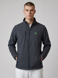 BeachBodyz® dark grey softshell jacket with green logo, zip pockets, and stand-up collar. Water and wind-resistant for streetwear.