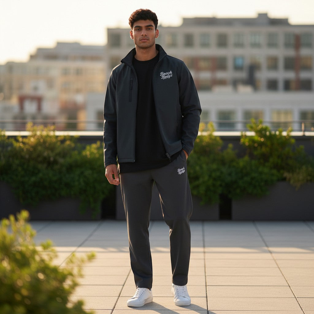 BeachBodyz® dark navy softshell bomber jacket with white logo embroidery and zippered pockets.