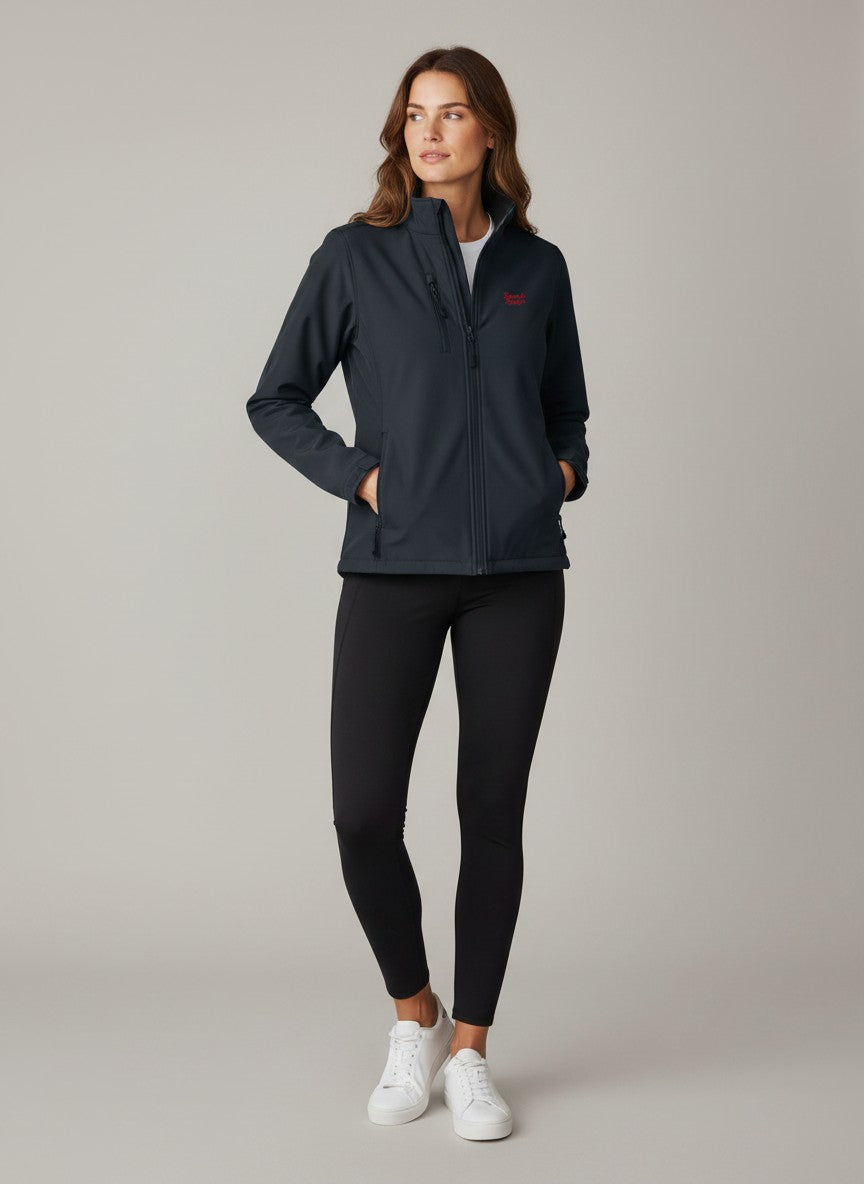 BeachBodyz® dark navy softshell jacket with red logo, zip pockets, and stand-up collar. Water-resistant and breathable streetwear.