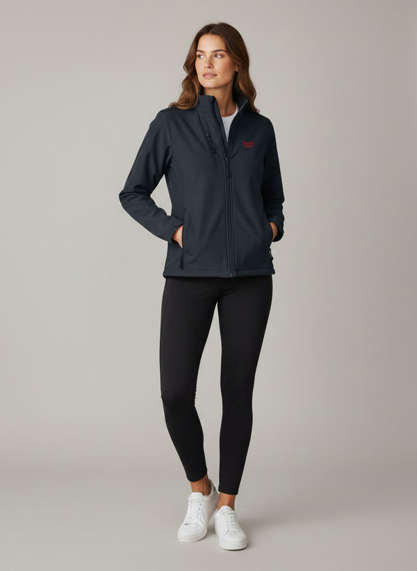 BeachBodyz® dark navy softshell jacket with red logo, zip pockets, and stand-up collar. Water-resistant and breathable streetwear.