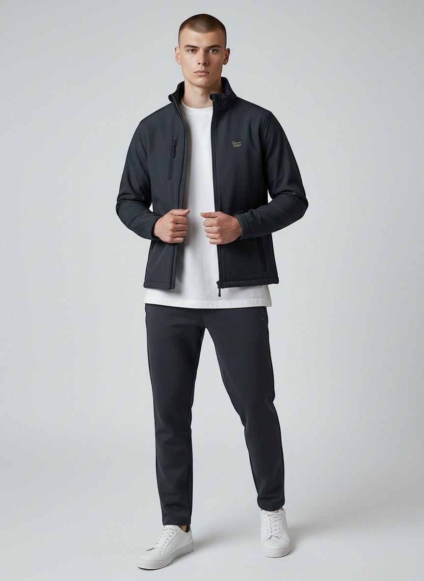 BeachBodyz® dark navy softshell jacket for men and women with zippered pockets and a stand-up collar.