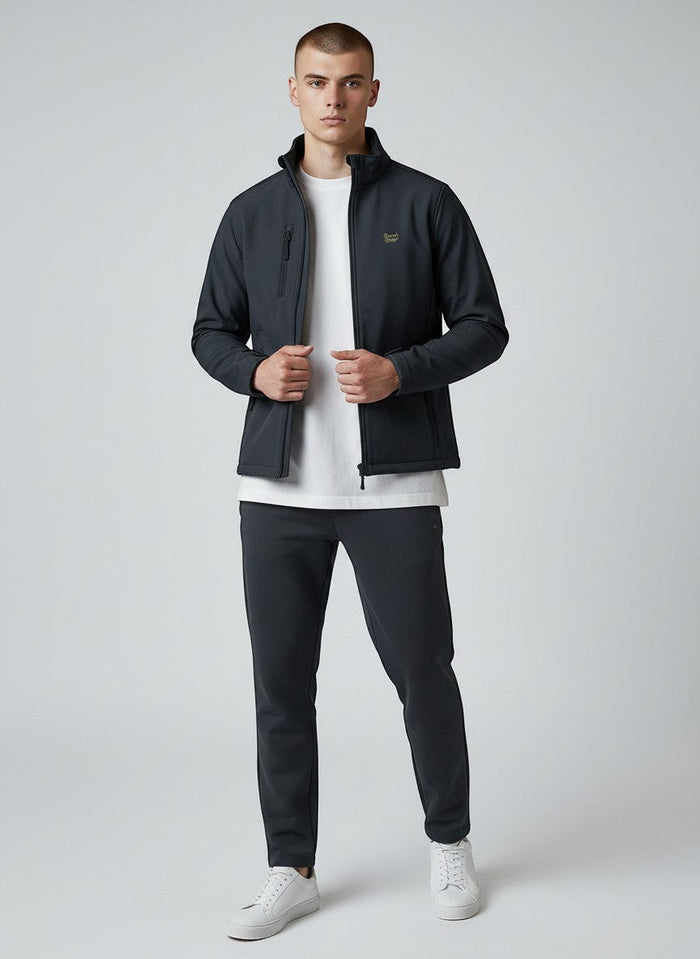 BeachBodyz® dark navy softshell jacket for men and women with zippered pockets and a stand-up collar.
