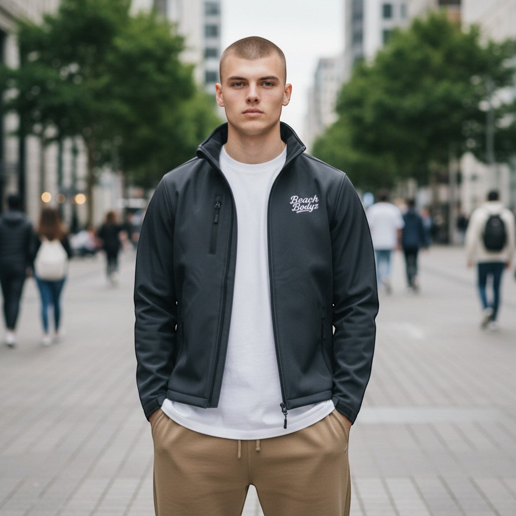 BeachBodyz® dark navy softshell jacket with white embroidered logo on chest and zippered pockets.
