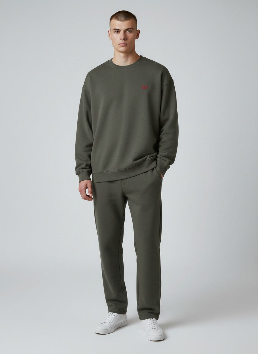 BeachBodyz® dark olive green oversized sweatshirt made from organic cotton with a small red embroidered logo on the chest.