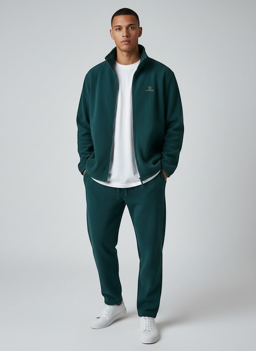 BeachBodyz® Silence fleece jacket in fir green, featuring a zip-up front, stand-up collar, and embroidered logo.