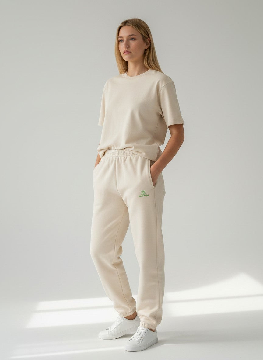 BeachBodyz® light beige fluffy cotton blend oversized jogging pants with green logo and elastic waistband.