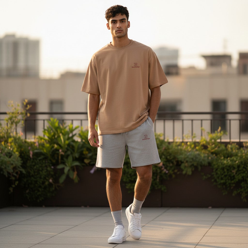 BeachBodyz® light grey cotton blend jogger shorts with drawstring waist and embroidered logo.