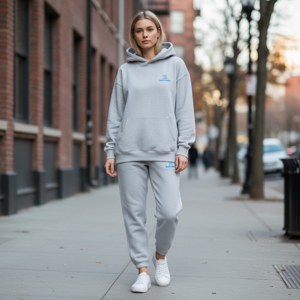 BeachBodyz® grey cotton blend jogging pants with elastic waistband and blue logo.