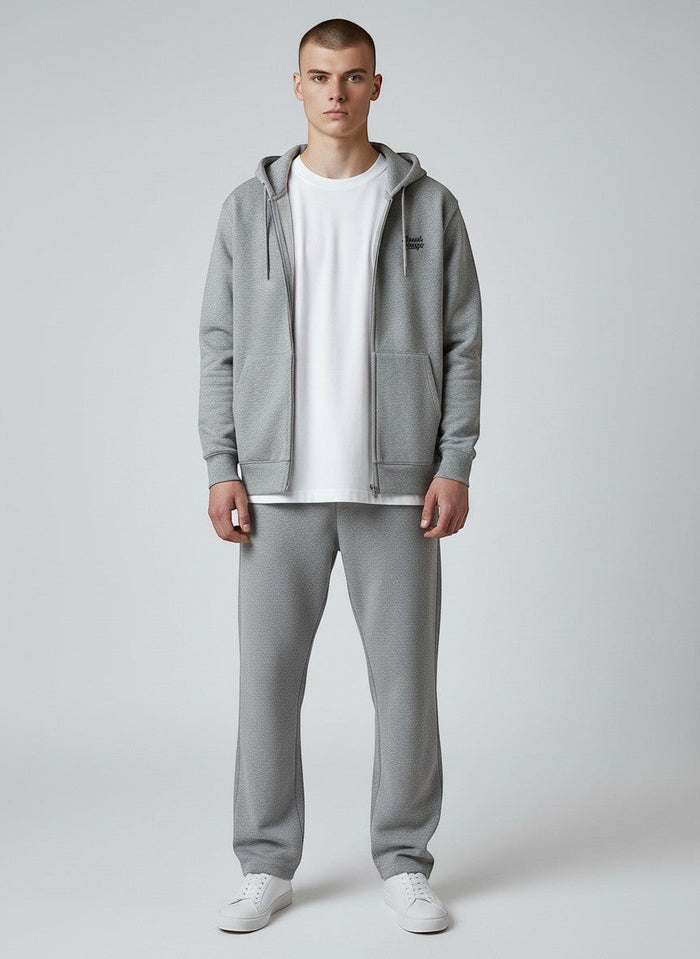 BeachBodyz® grey heather organic cotton blend zip-up hoodie with subtle chest embroidery and front pockets.