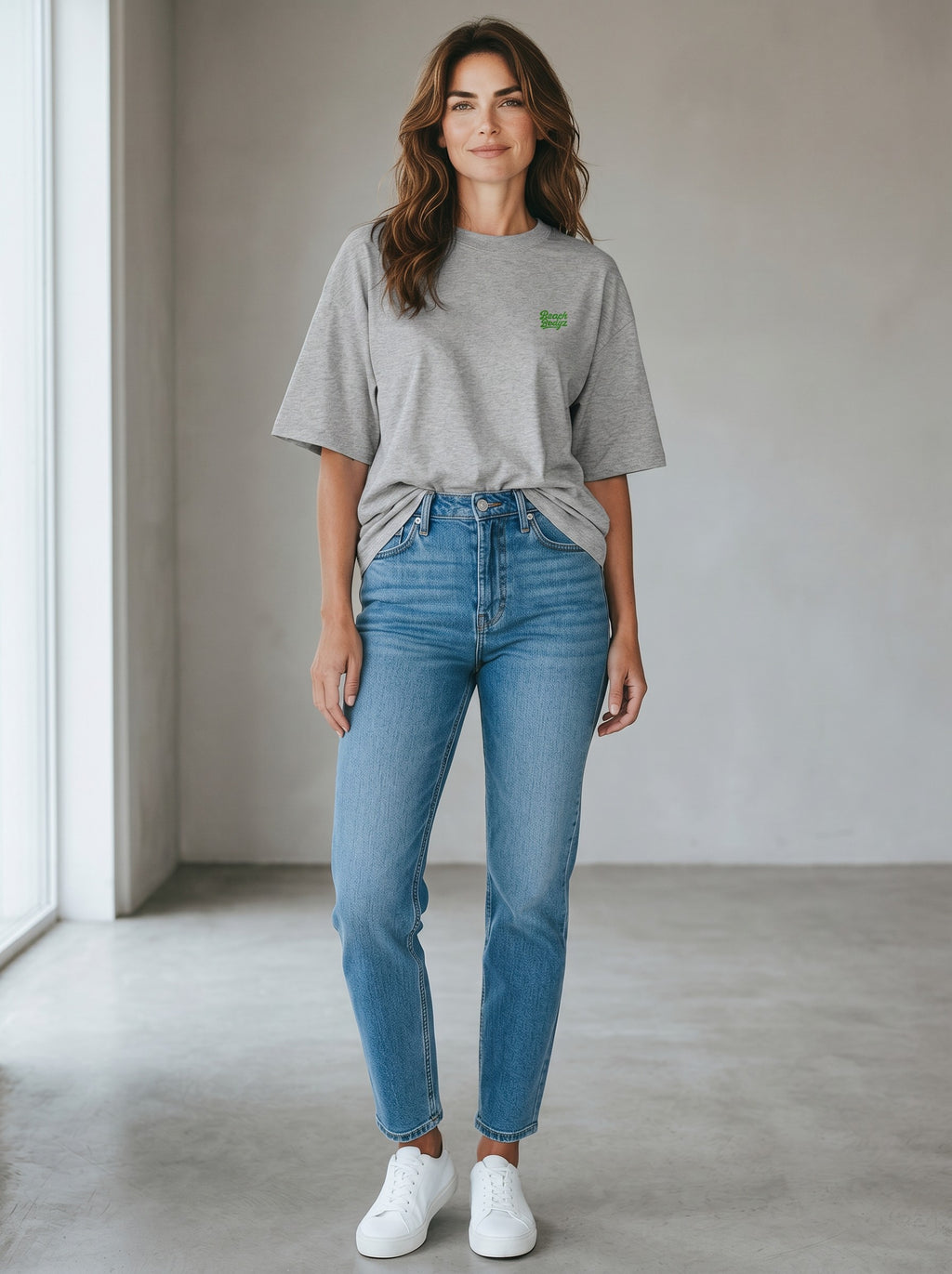 BeachBodyz® grey heather organic cotton oversized t-shirt with green embroidered logo on chest.