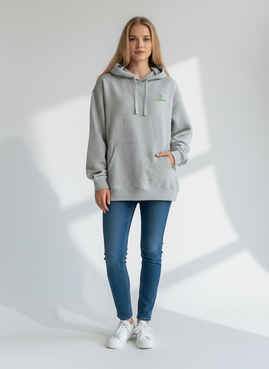 BeachBodyz® grey heather oversized hoodie made from 400gsm bio-cotton with a subtle green embroidered logo on the chest.