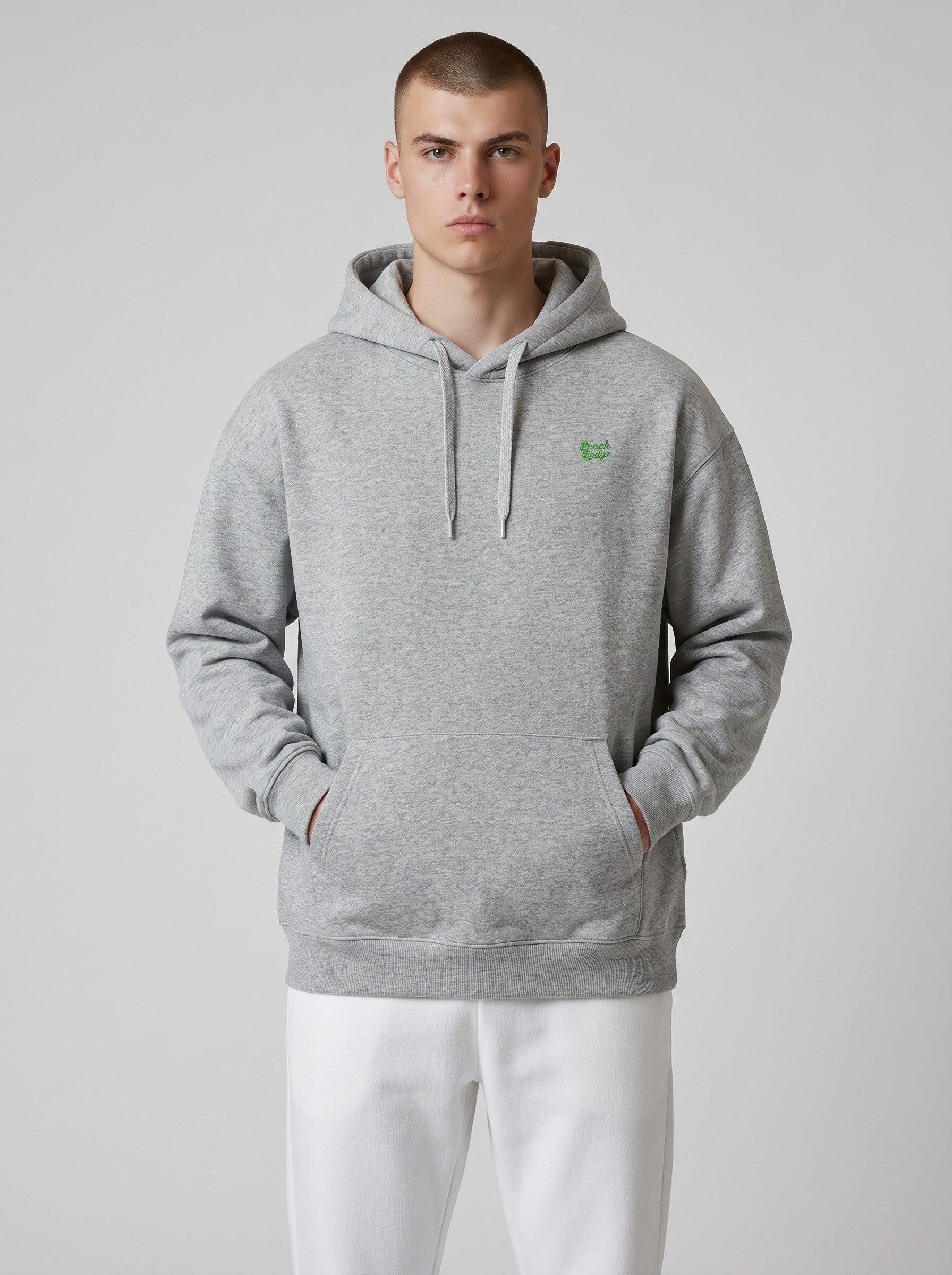 BeachBodyz® grey heather oversized hoodie with embroidered green logo on chest, made from 400gsm bio-cotton.