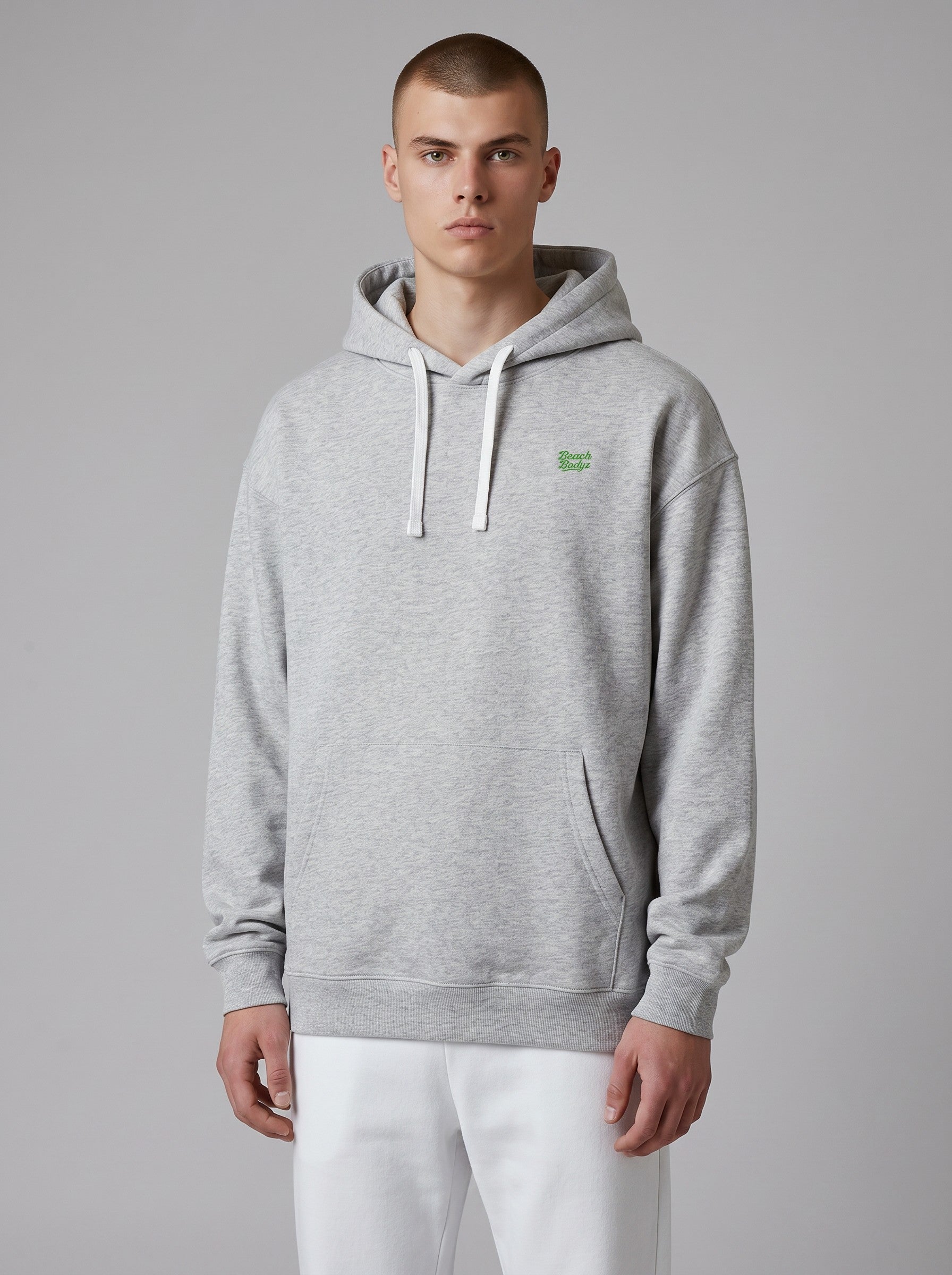 BeachBodyz® grey heather oversized hoodie with embroidered logo and white drawstrings. Made from 400gsm bio-cotton.