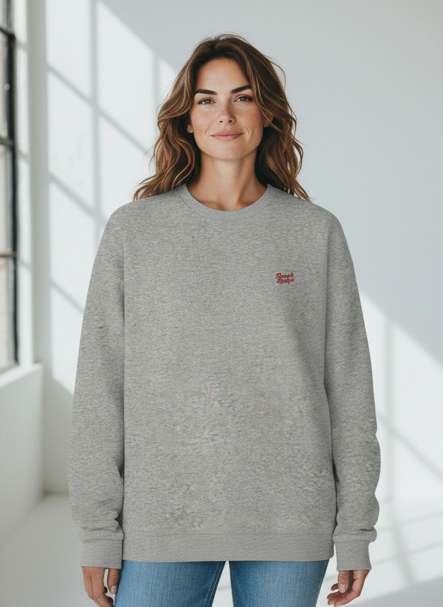 BeachBodyz® grey heather oversized sweatshirt with embroidered logo on chest, made from organic cotton blend.