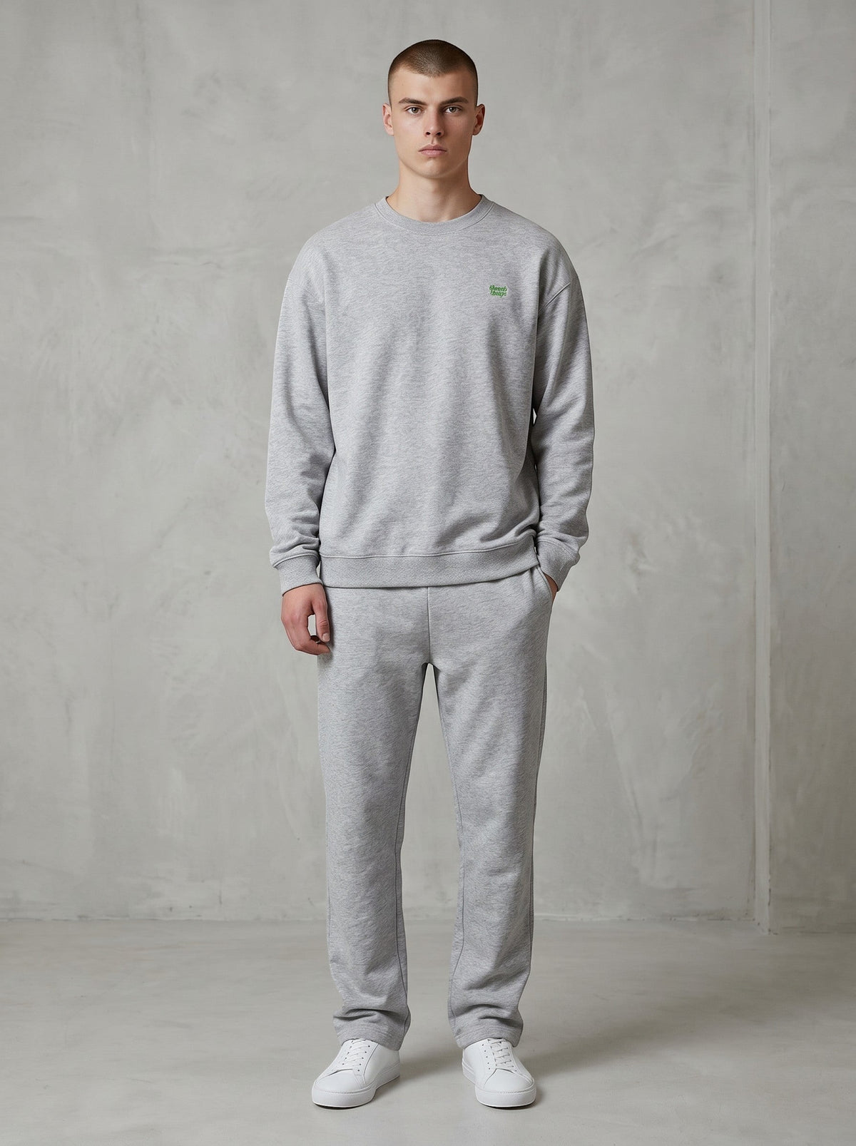 BeachBodyz® grey heather organic cotton oversized sweatshirt with embroidered green monster logo on chest.