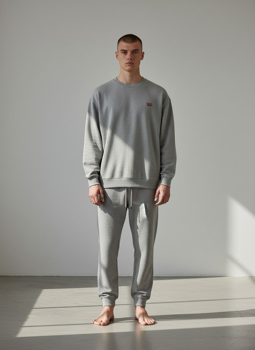 BeachBodyz® grey heather oversized sweatshirt made from organic cotton with a small red embroidered logo on the chest.