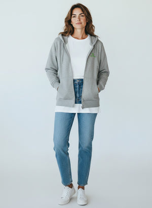 BeachBodyz® grey heather zip-up hoodie with embroidered logo and front pockets.