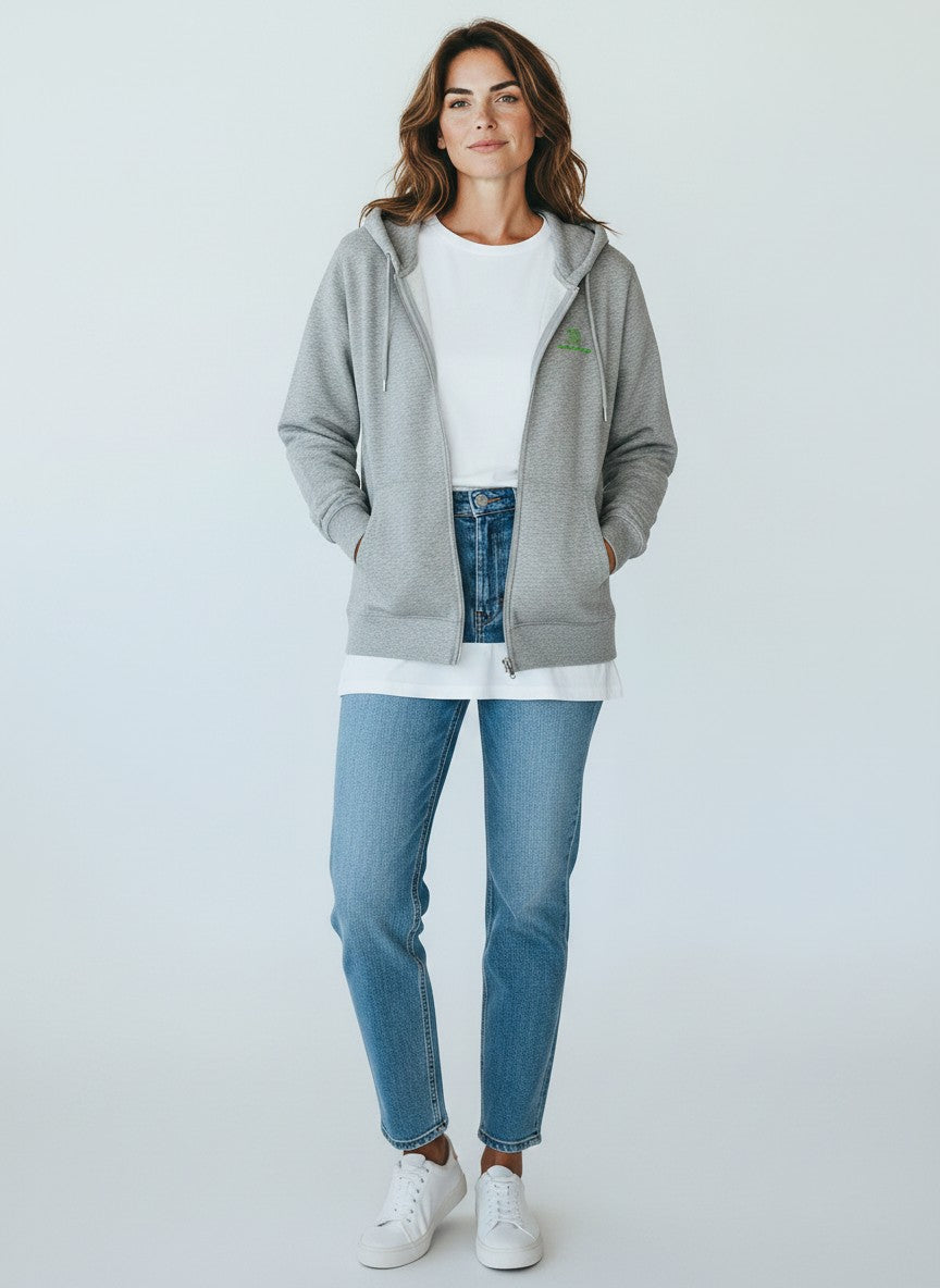 BeachBodyz® grey heather zip-up hoodie with embroidered logo and front pockets.