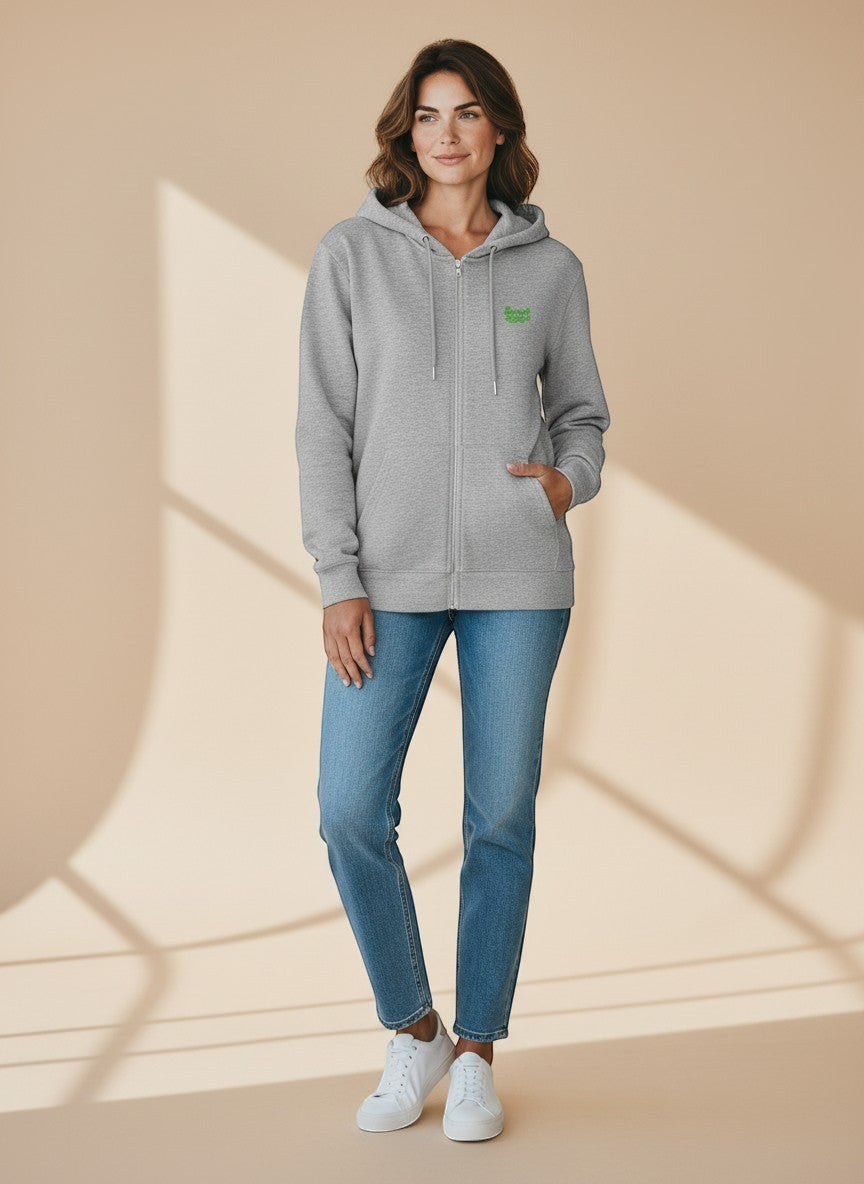 BeachBodyz® grey heather zip-up hoodie with green embroidered logo on chest, made from soft organic cotton blend.
