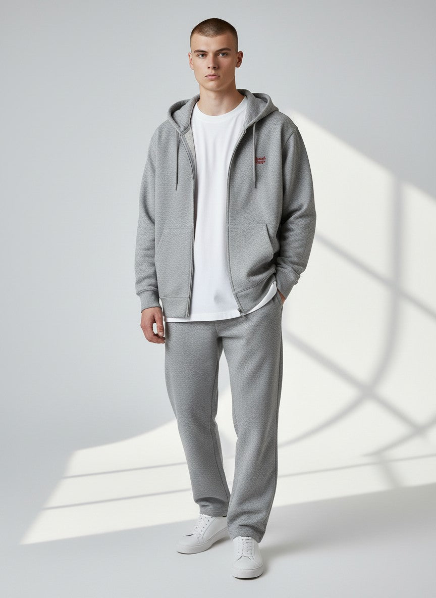 BeachBodyz® grey heather cotton blend zip-up hoodie with red embroidered logo and front pockets.