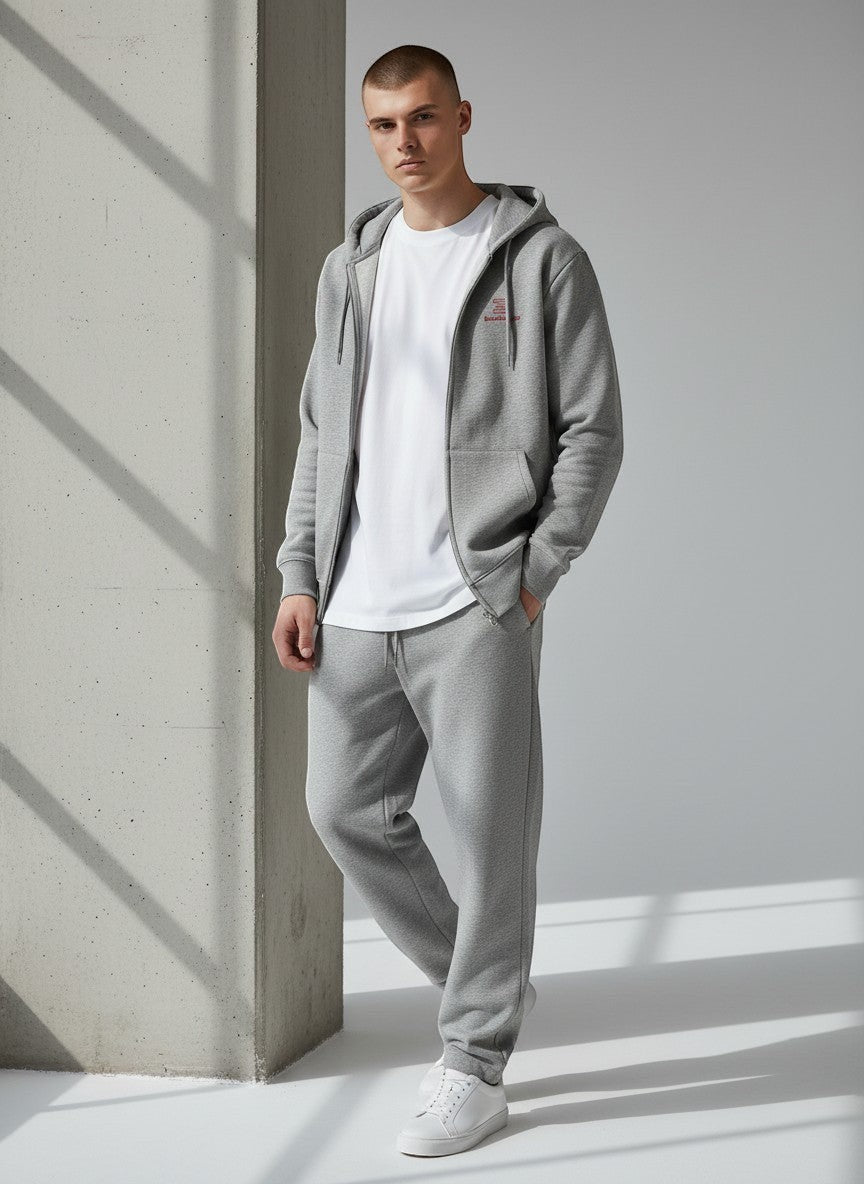 BeachBodyz® grey heathered cotton zip-up hoodie with embroidered logo on chest and side pockets.