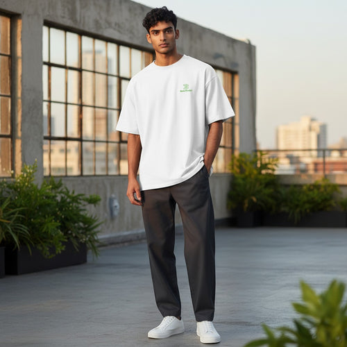 BeachBodyz® light grey oversized t-shirt made from 100% premium cotton with a green embroidered logo on the chest.