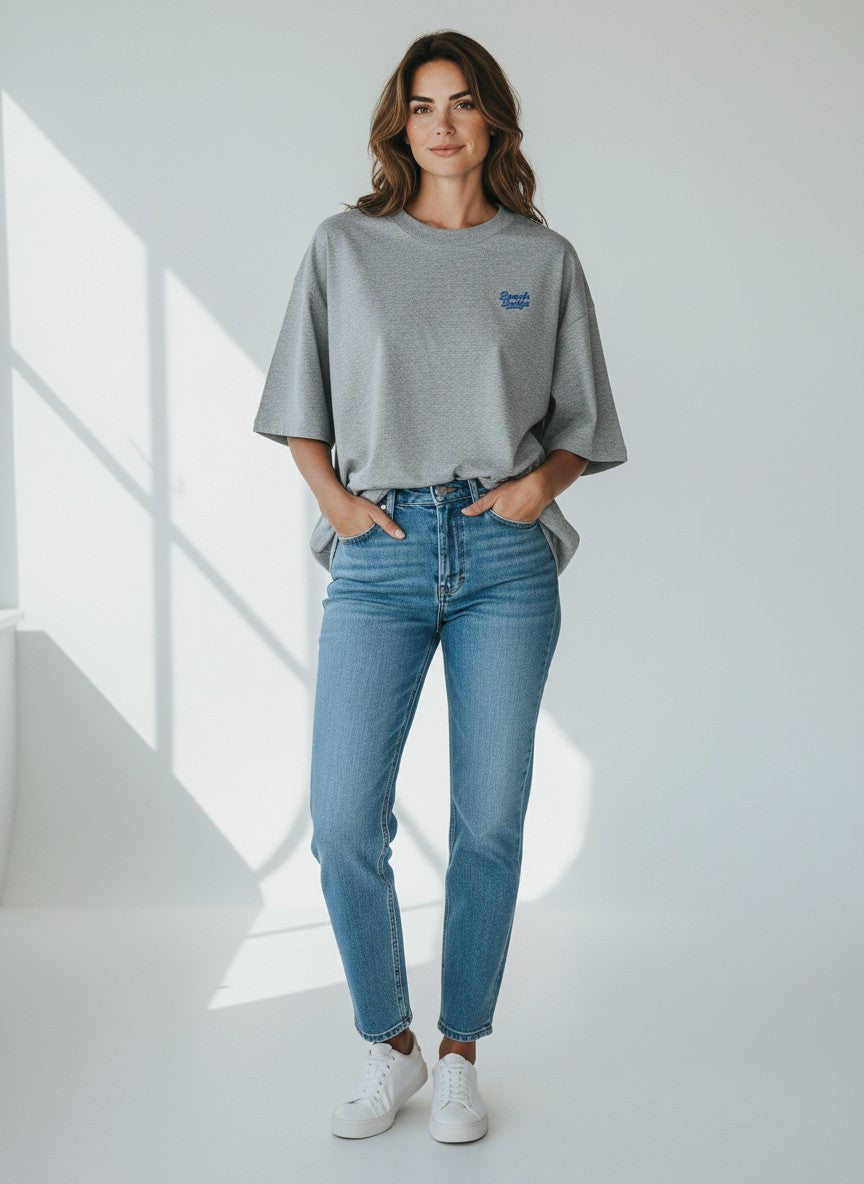 BeachBodyz® grey oversized t-shirt made from organic cotton with blue embroidered logo on chest.