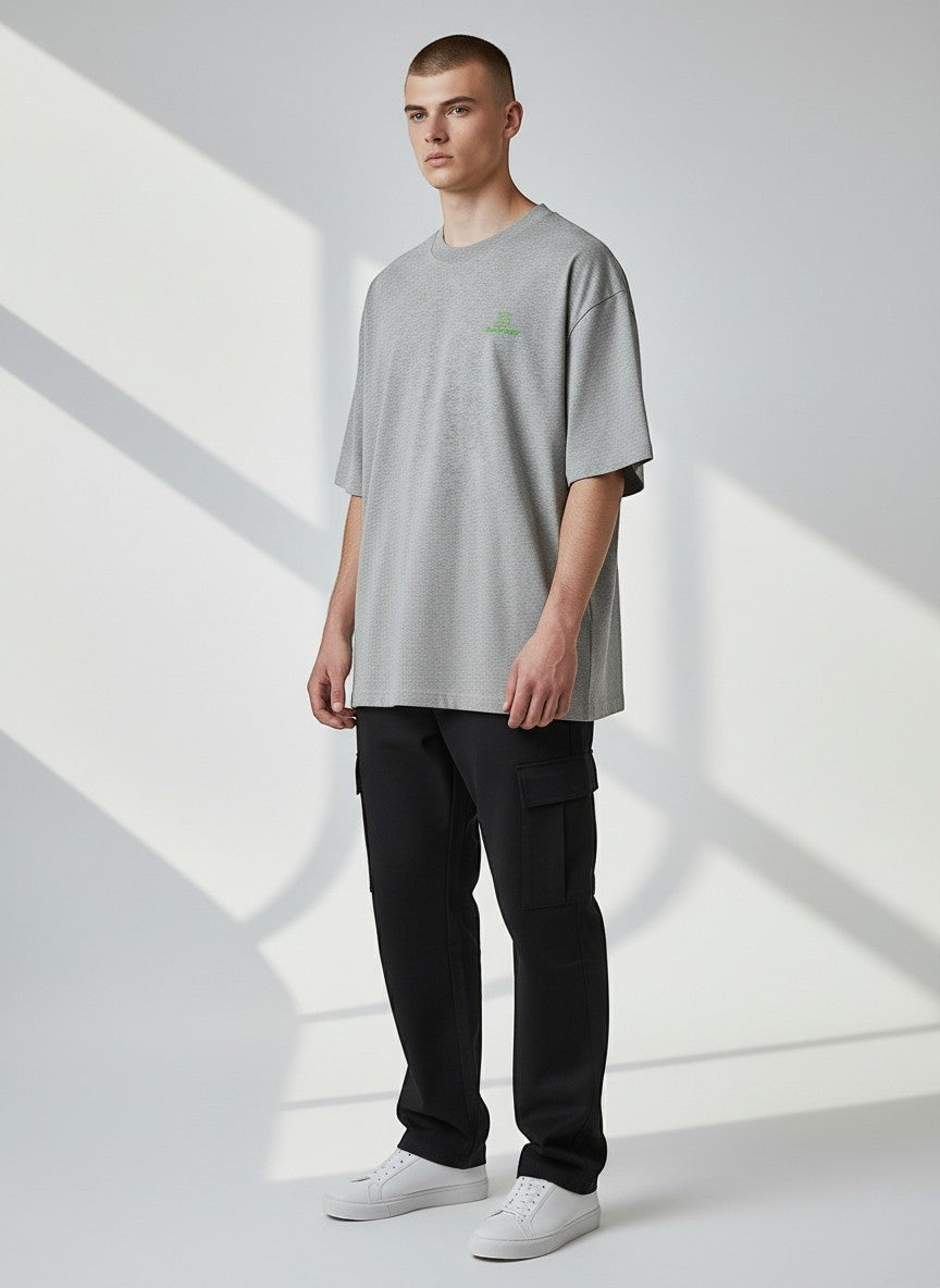 BeachBodyz® grey oversized t-shirt made from organic cotton with a small green embroidered logo on the chest.