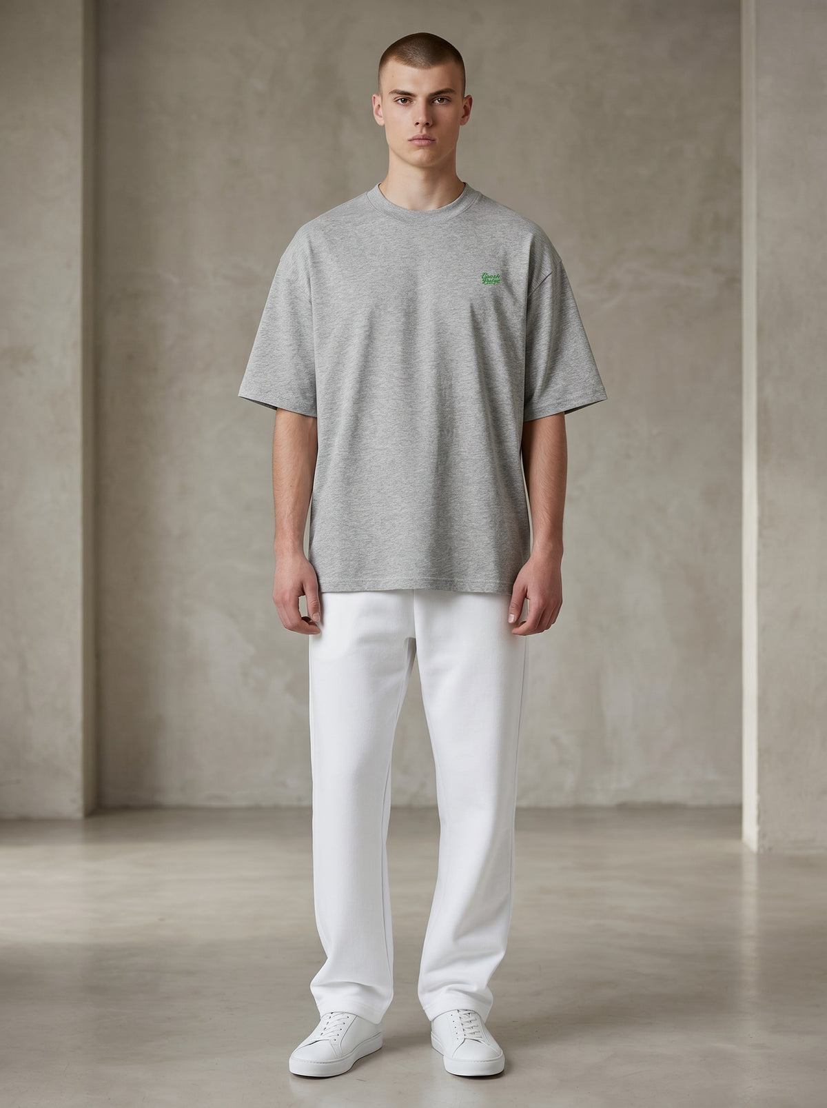 BeachBodyz® grey organic cotton oversized t-shirt with green embroidered logo on chest.