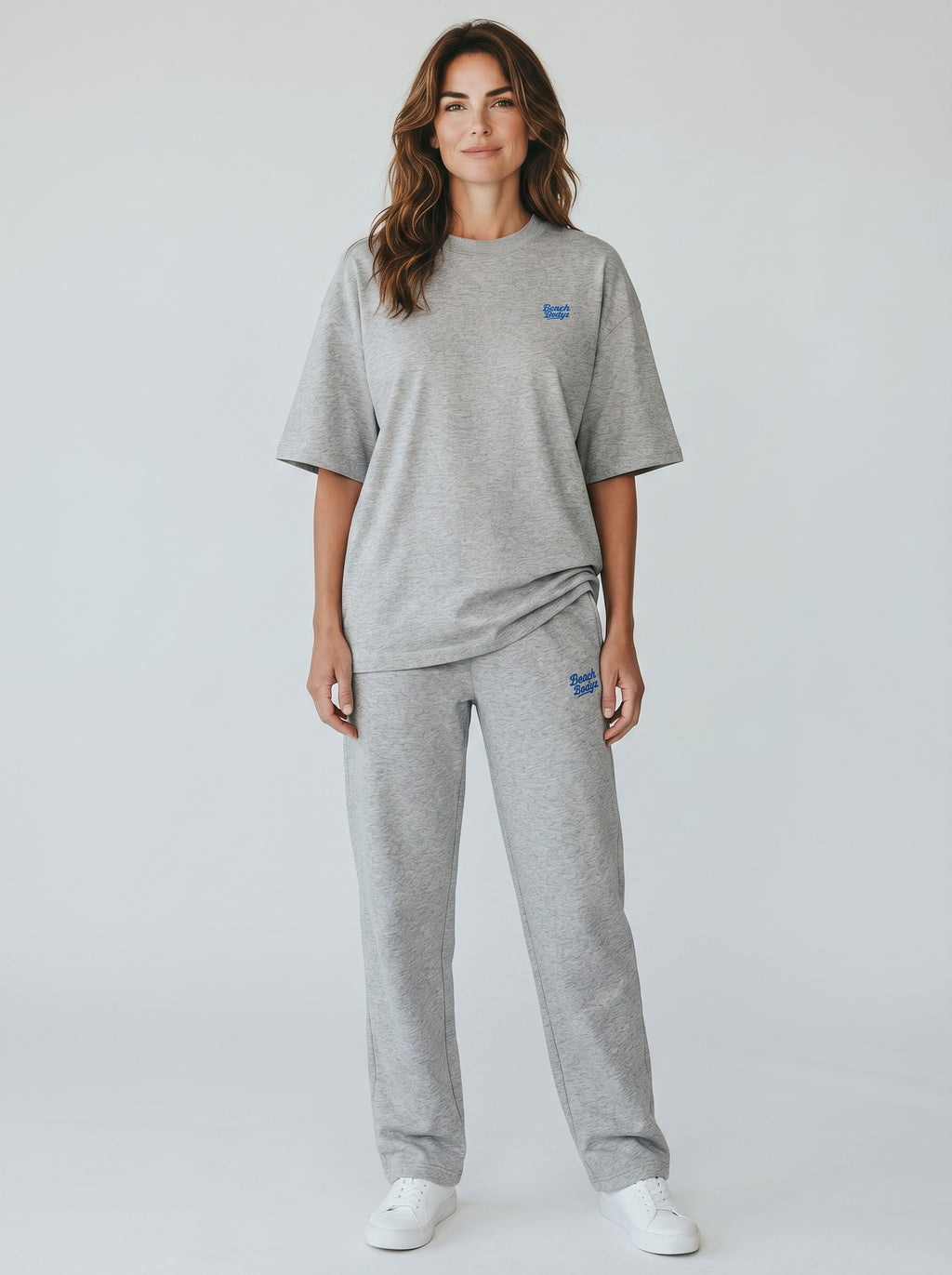 BeachBodyz® grey marl oversized t-shirt with blue embroidered logo on chest, made from organic cotton.