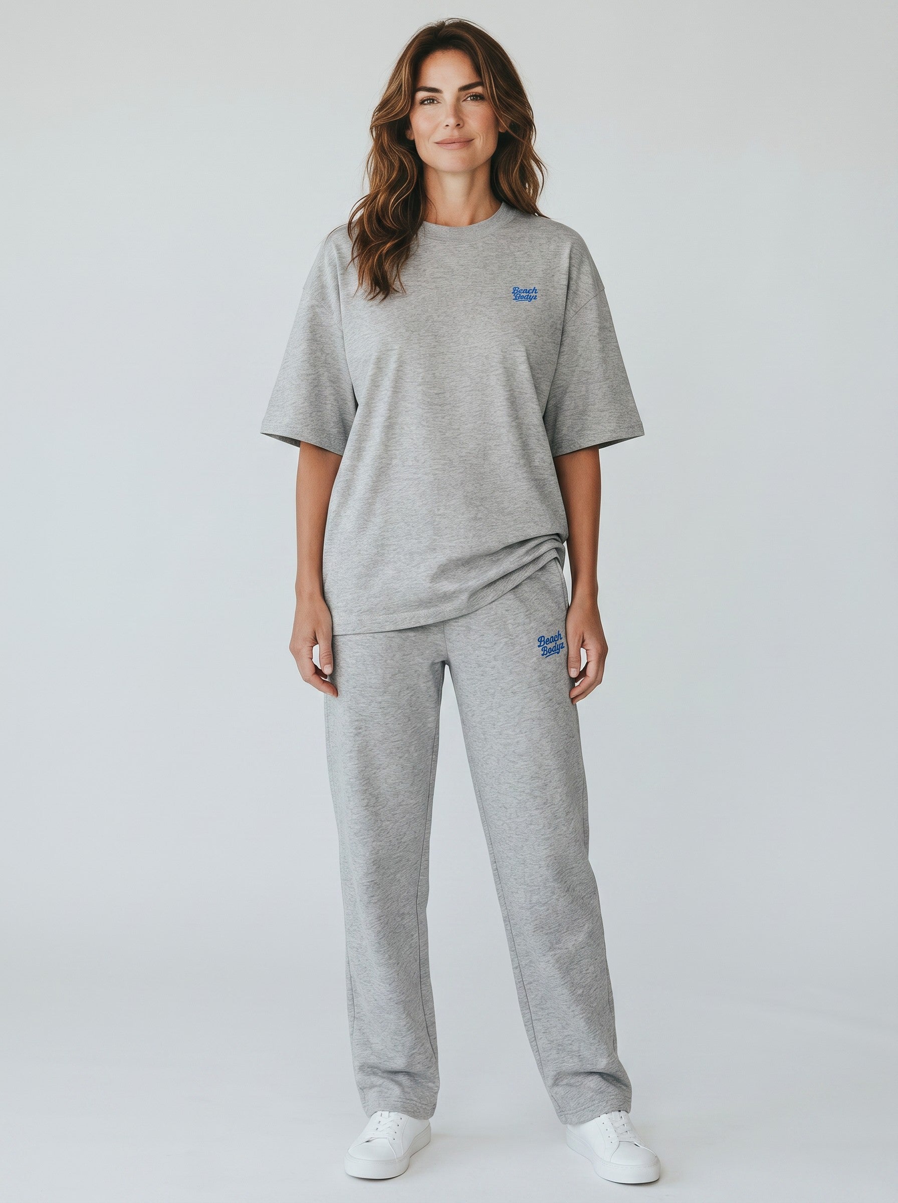 BeachBodyz® grey marl oversized t-shirt with blue embroidered logo on chest, made from organic cotton.