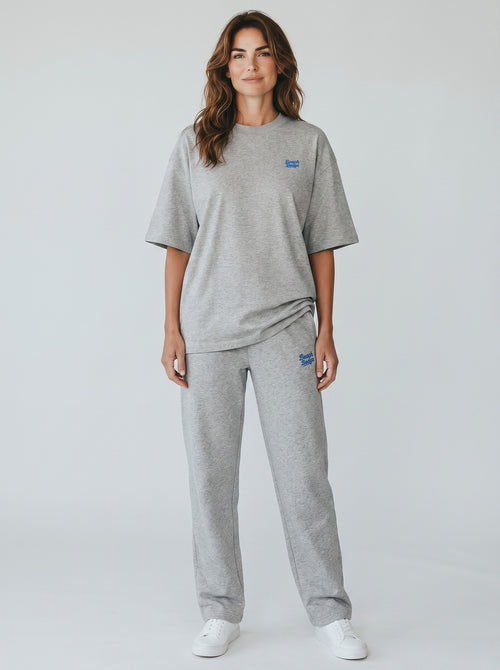 BeachBodyz® grey marl oversized t-shirt with blue embroidered logo on chest, made from organic cotton.