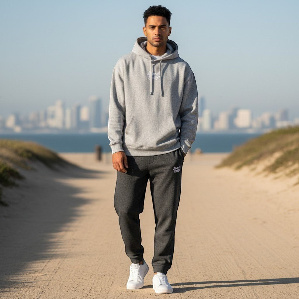 BeachBodyz grey marl cotton blend oversized hoodie with white embroidered logo, hood, and kangaroo pocket.