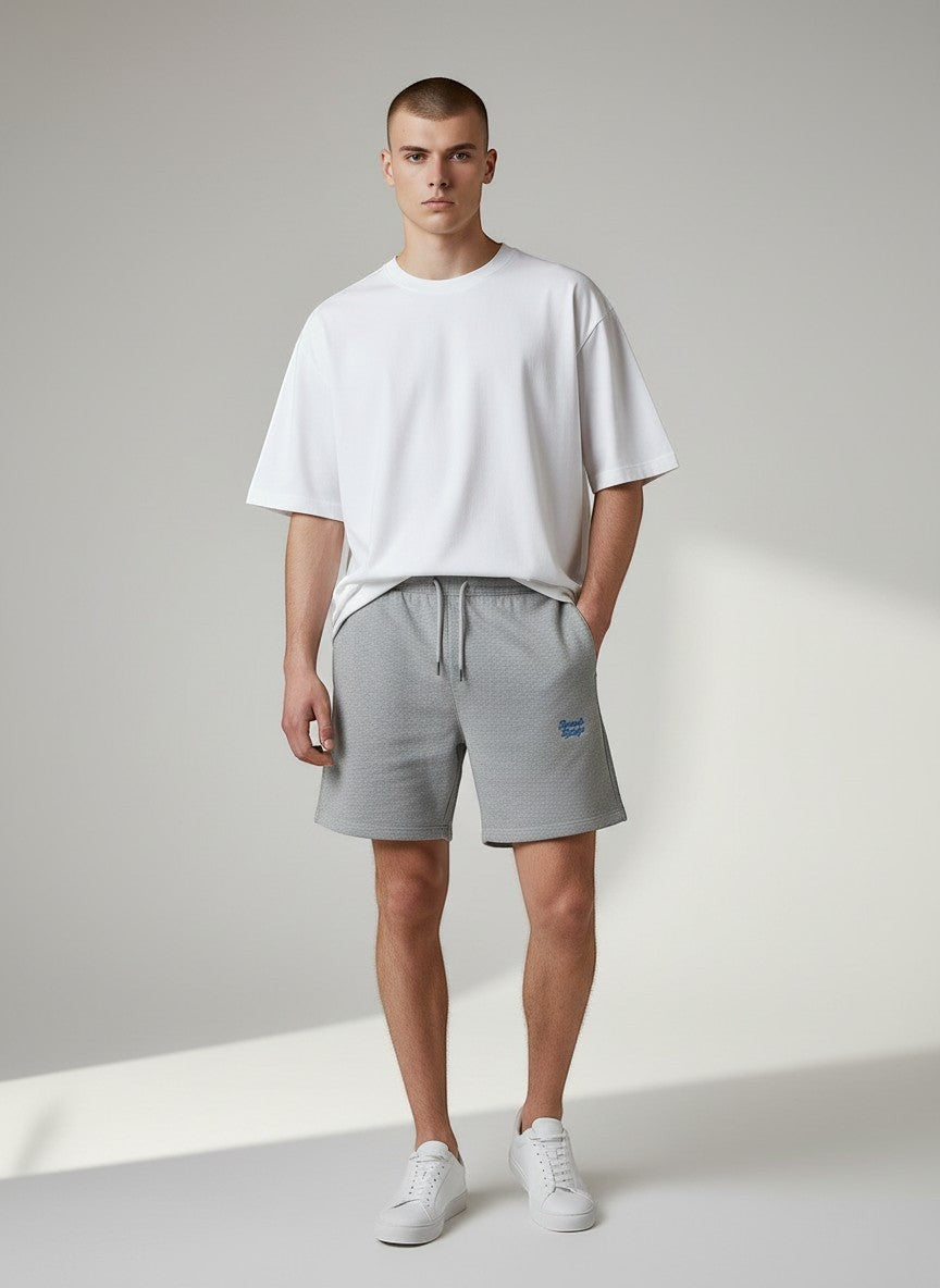 BeachBodyz® heather grey cotton blend jogger shorts with blue embroidered logo and drawstring waist.